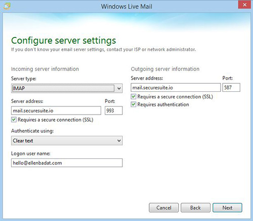 Windows Live Mail Server Settings