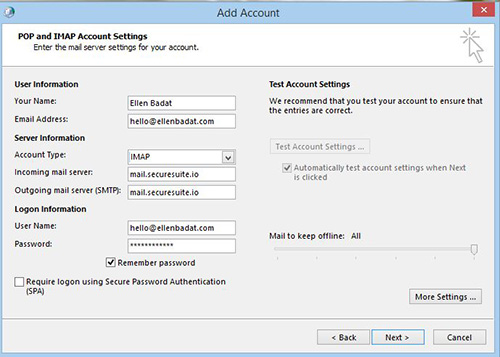 Outlook IMAP Details Screen