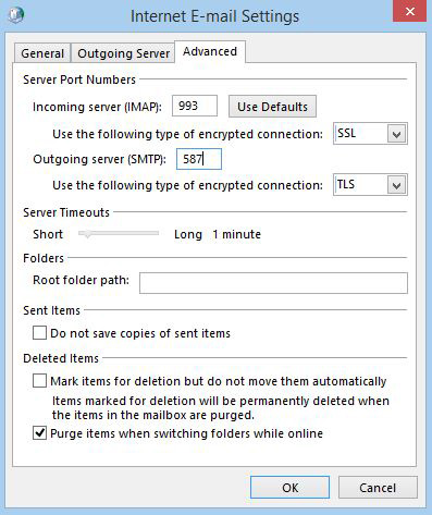 Outlook IMAP More Settings Advanced